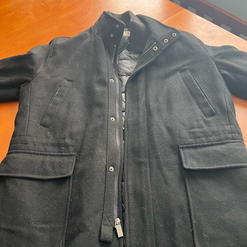 Michael Kors Black Wool Blend Men's Pea Coat with Quilted Inner Layer